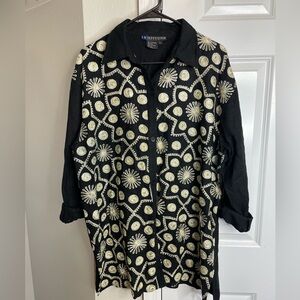 I.B Diffusion Black 100% Silk Embroidered Button Down Top L